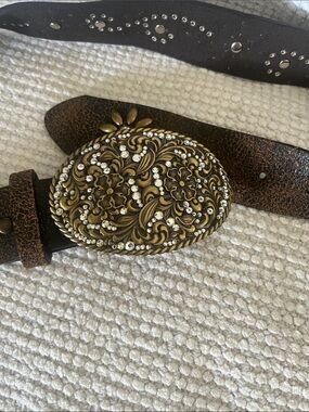 Nocona Belt Decorative Floral-Embellished Brown Belt with Ornate Gold Buckle